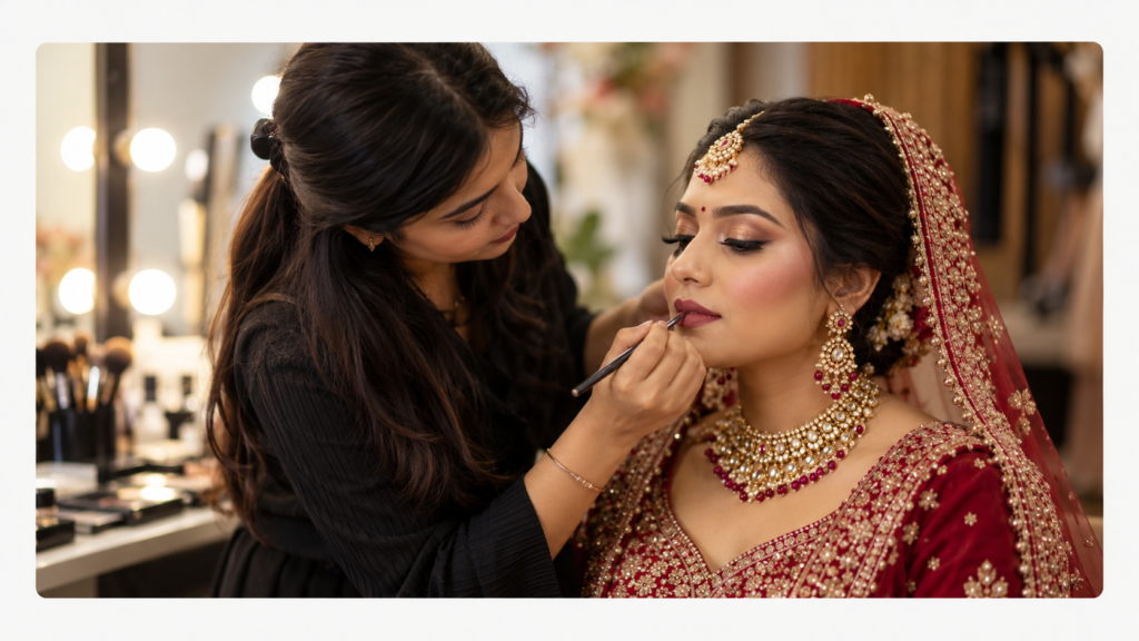 Bridal makeup artist applying lipstick to an Indian bride in Patna.